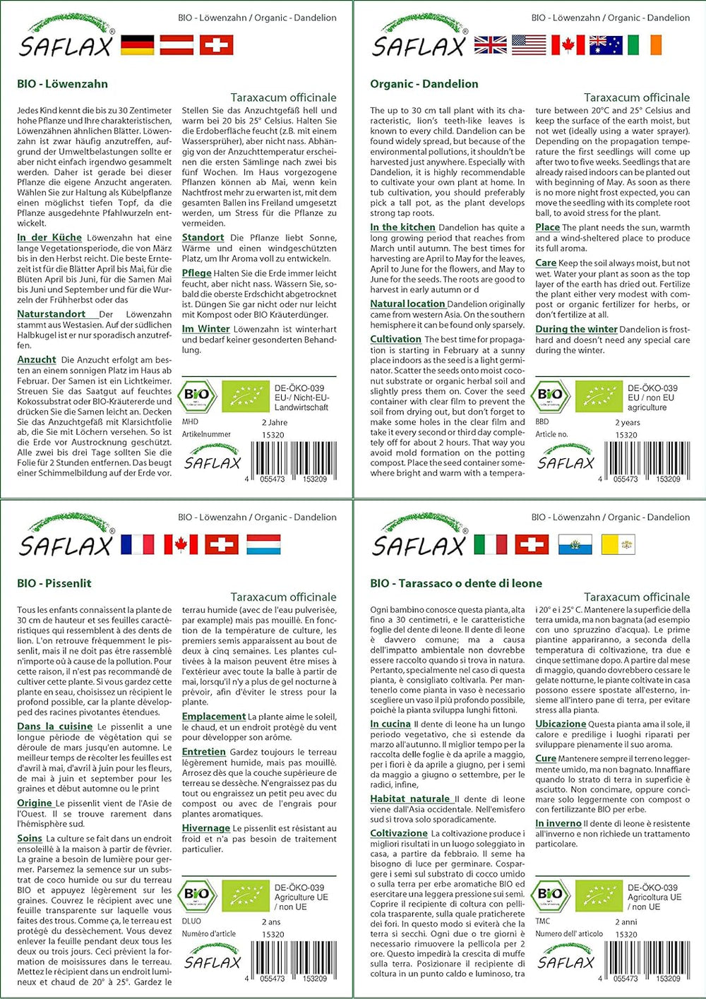 SAFLAX - BIO - Mniszek lekarski - 400 nasion - Taraxacum officinale