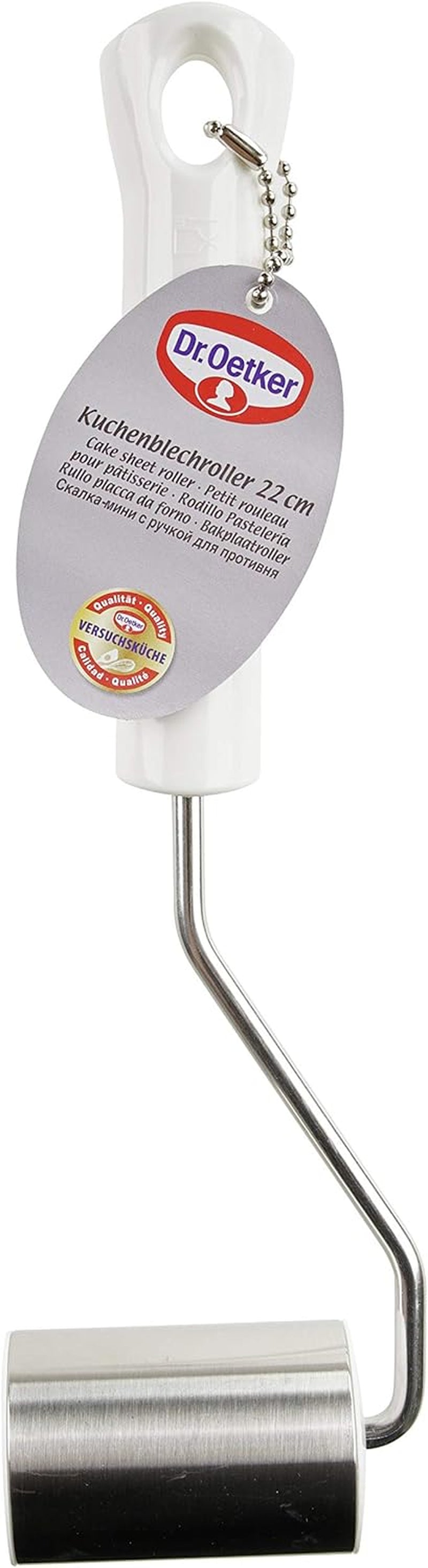 Dr. Oetker Kuchenblechroller 22 cm Classic, Eckenroller mit Funktionsteil aus Edelstahl, wysokiej jakości Backform-Teigrolle mit Antihafteigenschaften (Farbe: Silber/Weiß), Menge: 1 Stück, 22 x 5 x 3,5 cm