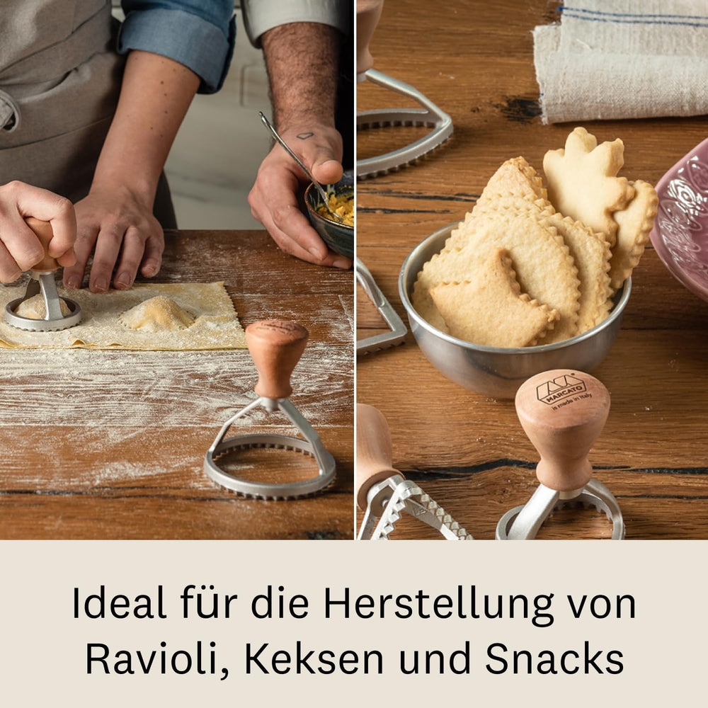 Formatoare de ravioli și fursecuri Marcato, aparat de ravioli, forme de fursecuri, lemn masiv și aluminiu turnat, fabricate în Italia, ștampilă rotundă de 80 mm