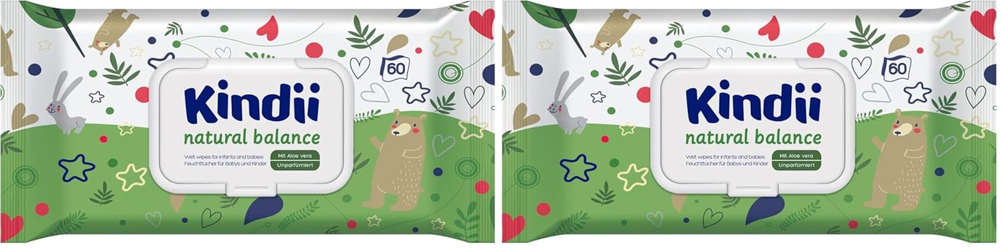 Kindii Natural Balance chusteczki nawilżane dla niemowląt – (1 x 60 szt.) Chusteczki nawilżane dla niemowląt i dzieci – Ochronne, Aloe Vera, Delikatny zapach – 60 szt.