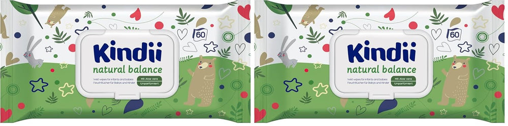Kindii Natural Balance chusteczki nawilżane dla niemowląt – (1 x 60 szt.) Chusteczki nawilżane dla niemowląt i dzieci – Ochronne, Aloe Vera, Delikatny zapach – 60 szt.