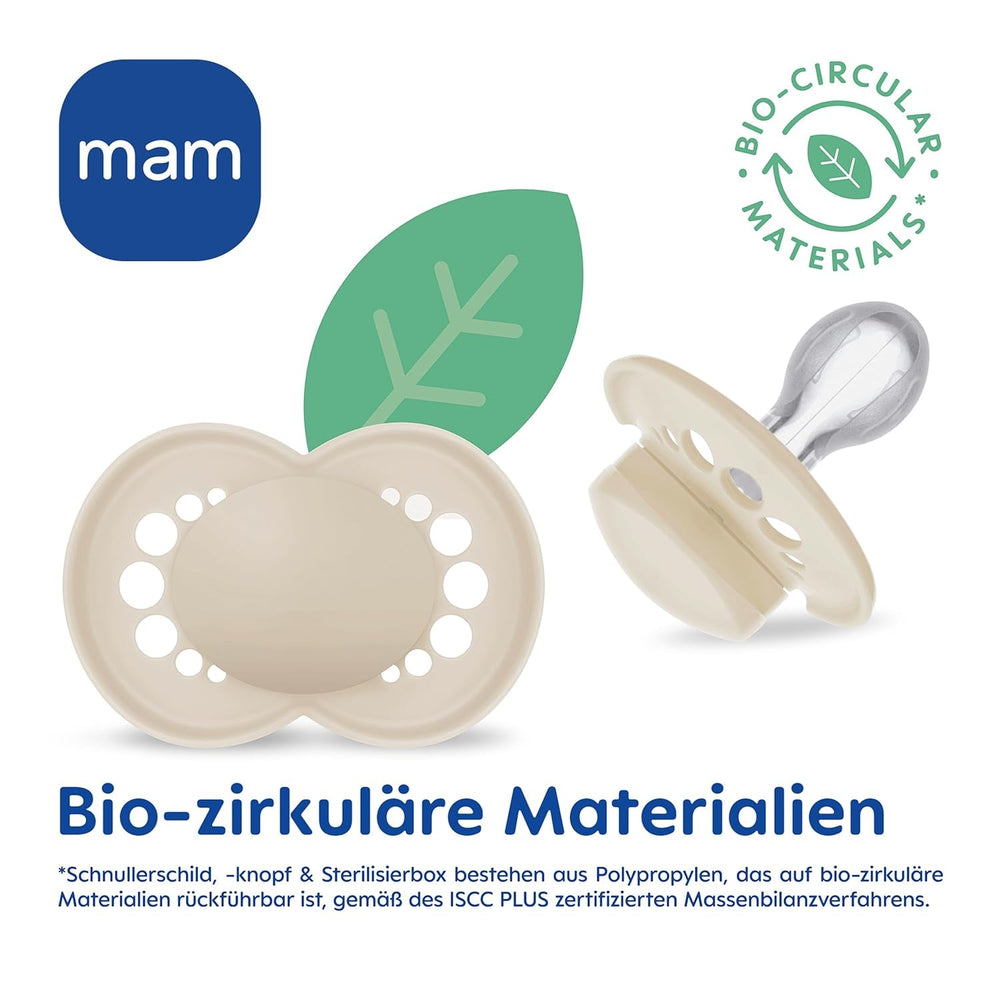 Suzete MAM Original, pachet de 2, suzete pentru bebeluși prietenoase cu dinții, fabricate din materiale sustenabile și bioregenerabile, tetine din silicon MAM SkinSoft, cu cutie pentru suzetă, 6-16 luni, verde/bej