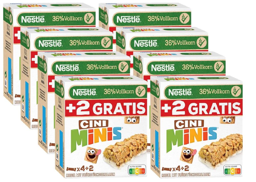 NESTLÉ CINI MINIS Batony cynamonowe, pełnoziarnista chrupiąca przekąska z wapniem, 8 opakowań (4 x 25 g każde)