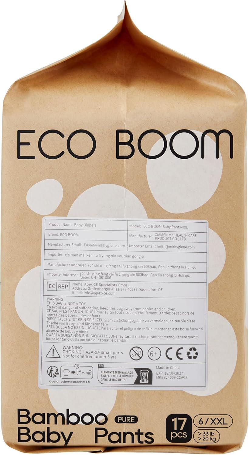ECO BOOM Bambusowe pieluszki dla niemowląt - Rozmiar 6 (20kg), Roślinne pieluszki typu pull-up (17szt) - Premium Organic, Bezzapachowe, Przyjazne dla skóry, Super chłonne