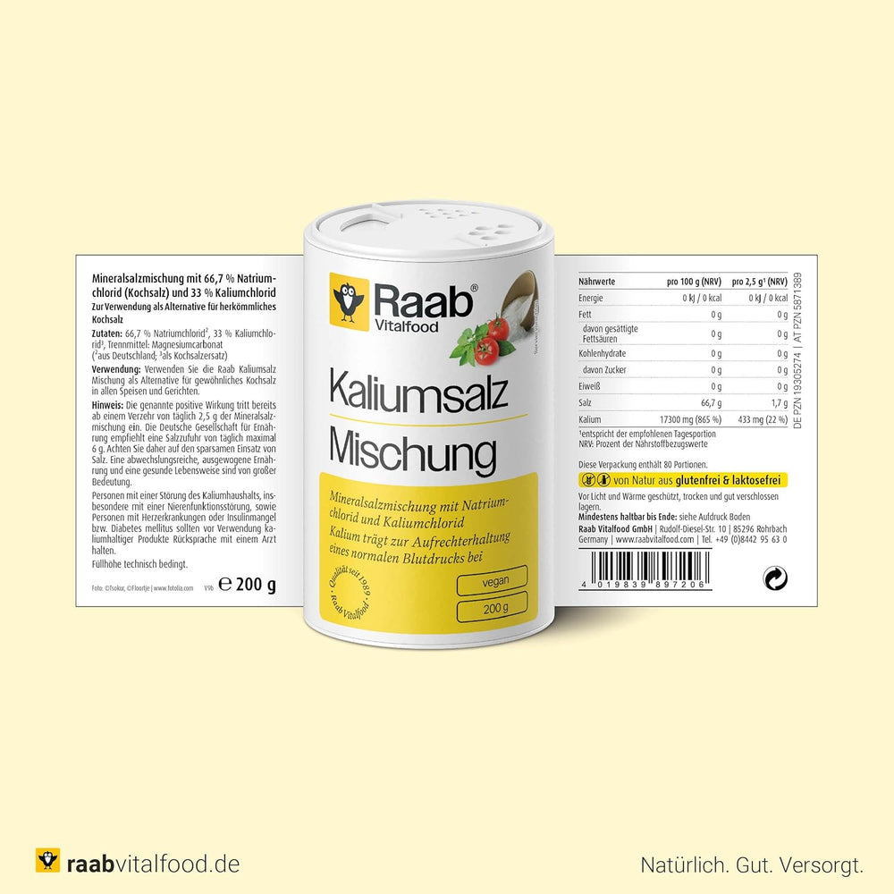 Raab Vitalfood Kalium salt-Mischung, Mineralsalzmischung mit 66,7% Natriumchlorid (Kochsalz) i 33% Kaliumchlorid, Kalium trägt zur Aufrechterhaltung eines normalen Blutdruck bei (1 x 200 g dawka)