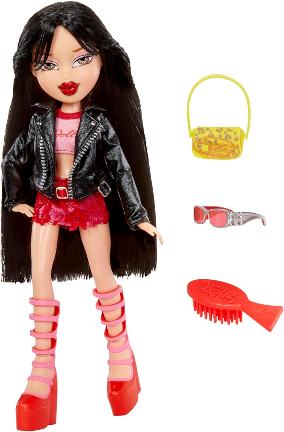Păpușa Bratz Goin' Out! - Jade - 1 păpușă de colecție cu accesorii, ținută, geantă, ochelari de soare și perie - Jucărie pentru copii - Vârste 6+, Roșu