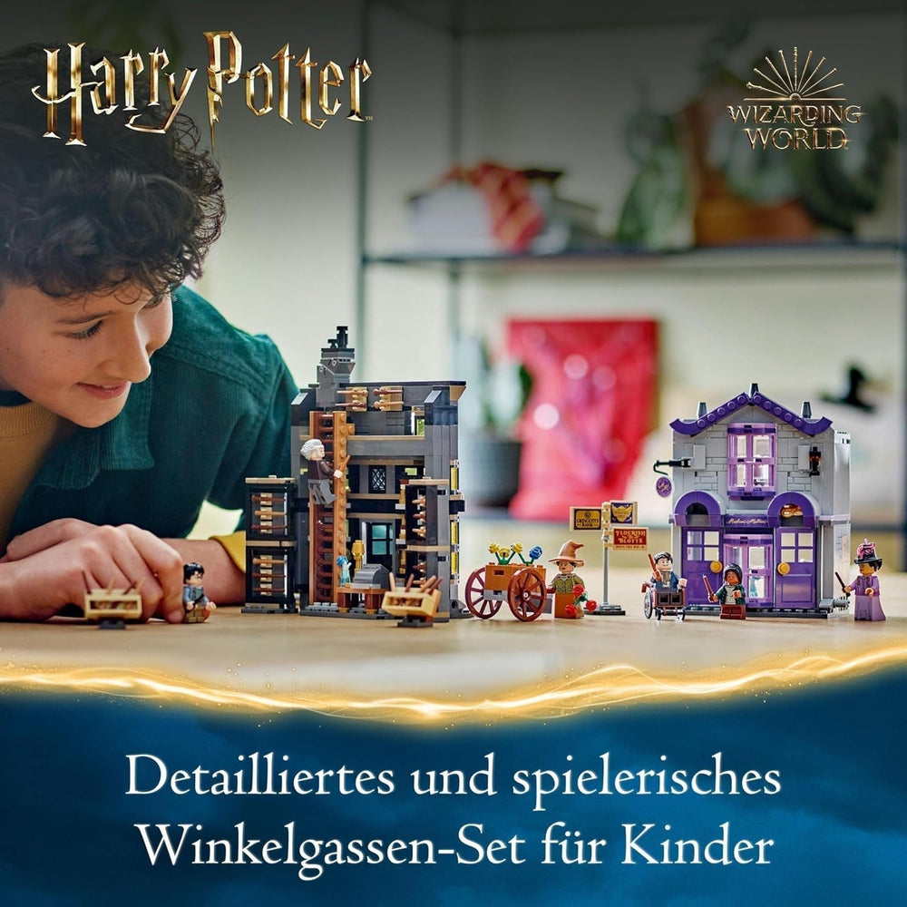 LEGO Harry Potter Ollivanders i kostiumy Madam Malkin, Krainy Ulicy Pokątnej, Zestaw dla dzieci, Zabawki czarodziejskie, Fantazyjne prezenty dla dziewcząt, chłopców i fanów od 8 lat 76439 Zestawy do budowania Besuche w sklepie LEGO