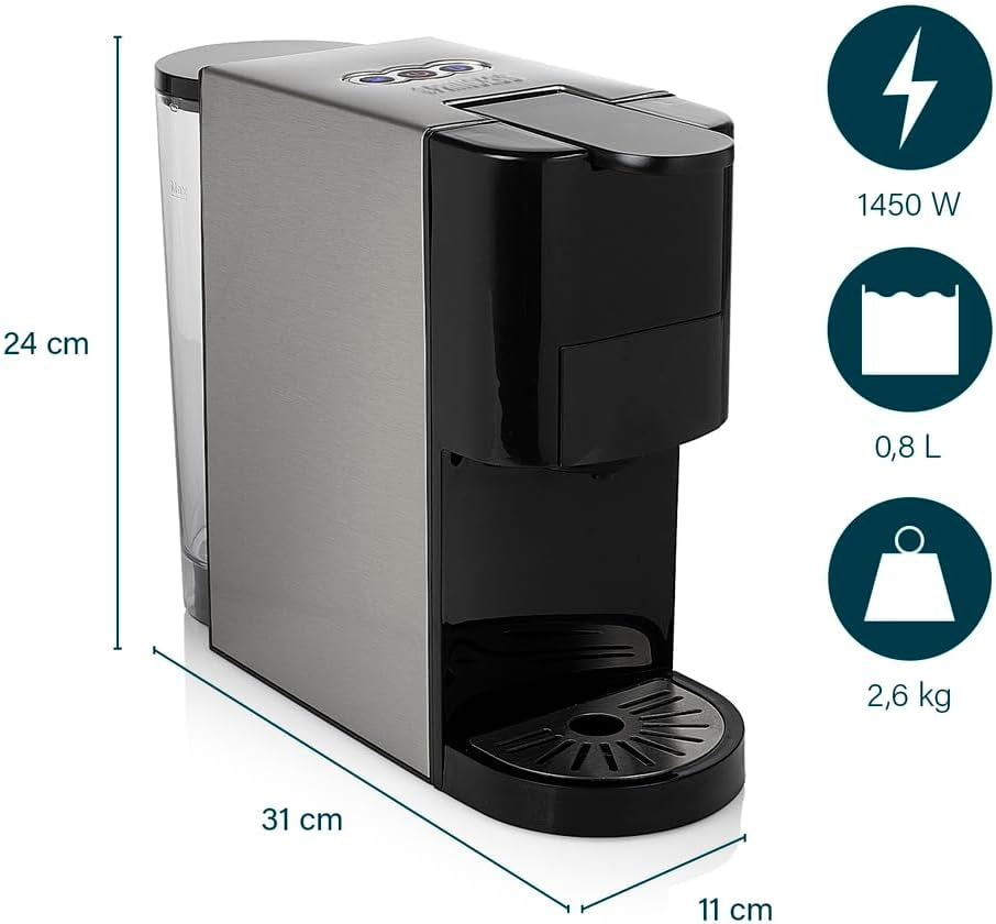 Espressor multicapsule Princess 4 în 1 – 1450 wați, capsule, păstăi, cafea măcinată, fără BPA, 249450, 01.249450.01.001, negru, argintiu