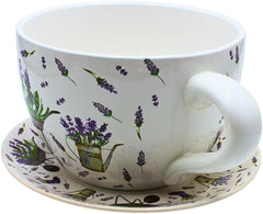 Ghiveci de flori Dekohelden24, jardinieră, ghiveci pentru plante, recipient pentru plante, ghiveci de flori. Ghiveci ceramic în formă de cupă cu mâner, design: lavandă, L/l/Î 25 x 23 x 14 cm.