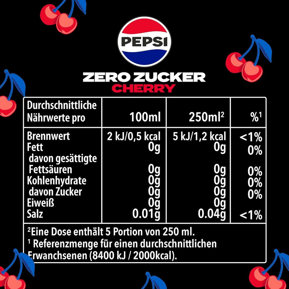 Pepsi Zero Sugar Cherry, Napój bezalkoholowy bez cukru, cola z kofeiną o smaku wiśniowym w butelce, zestaw 6 x 1,25 litra Naty Shop