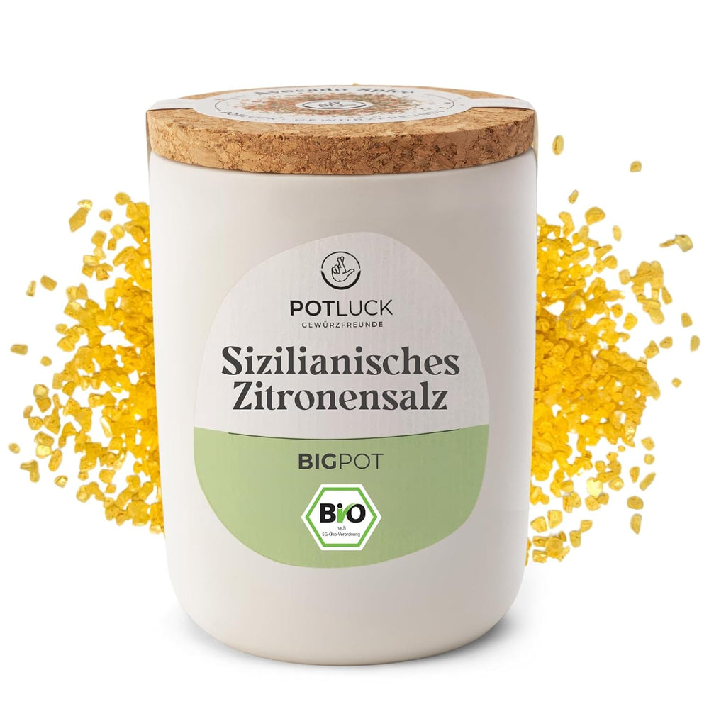 Potluk | Bio Sizilianisches Zitronensalz | Gewürzsalz für Fisch, Meeresfrüchte, Gemüse, Sałatki i Sosy | 140g w Keramiktopf