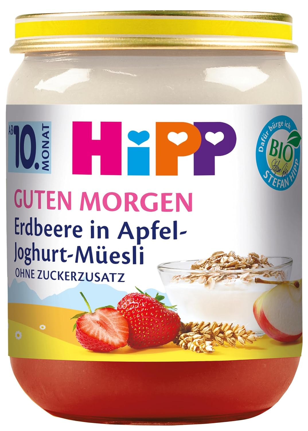 Musli z jogurtem i jabłkami z truskawkami HiPP Organic Good Morning (6 x 160g), od 10 miesiąca, bez dodatku cukru, z cennym wapniem, najwyższej jakości organicznej