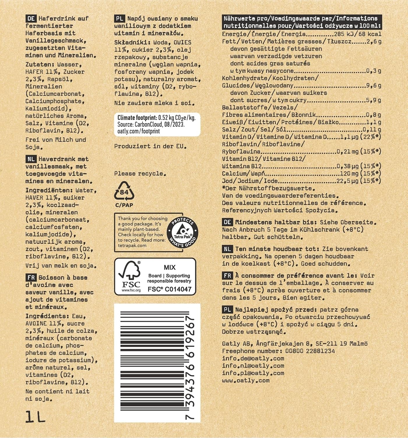 Oatly Haferdrink Vanille 1L (6 sztuk)