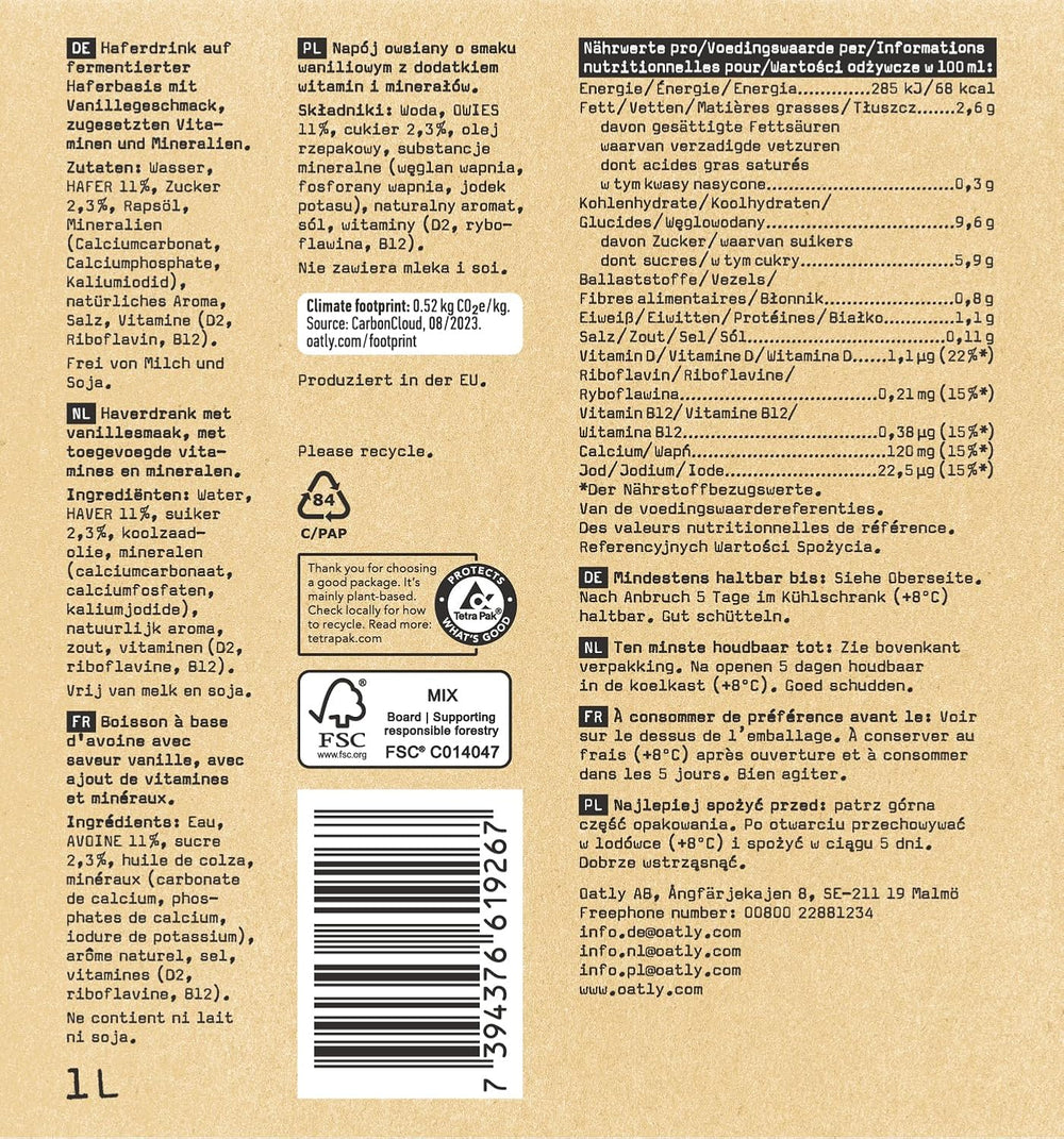 Oatly Haferdrink Vanille 1L (6 sztuk)