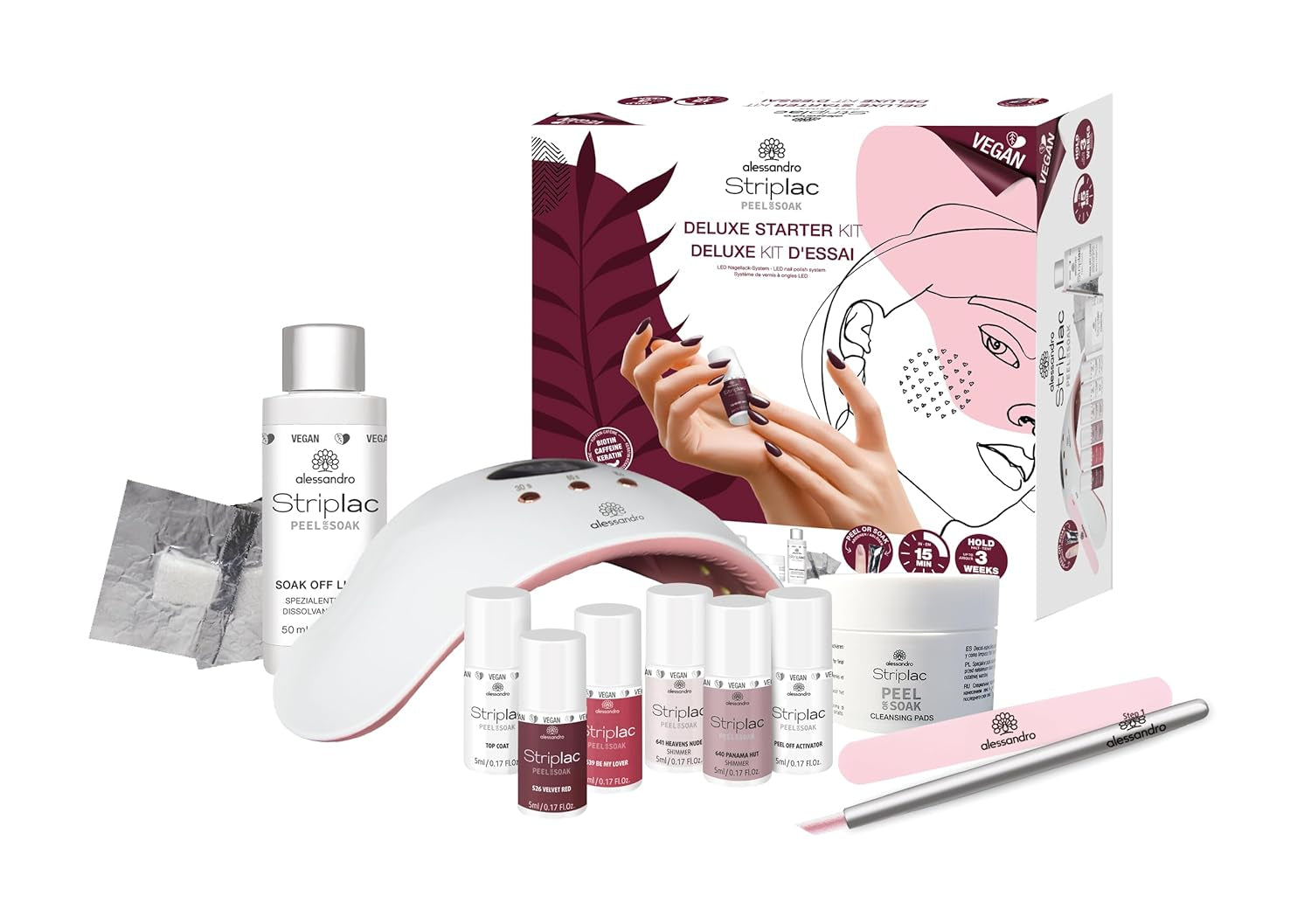 alessandro STRIPLAC PEEL OR SOAK DELUXE KIT - Zestaw lakierów UV do paznokci - Profesjonalny i delikatny manicure w 15 minut - Wegański i wolny od okrucieństwa - Zawiera lampę LED