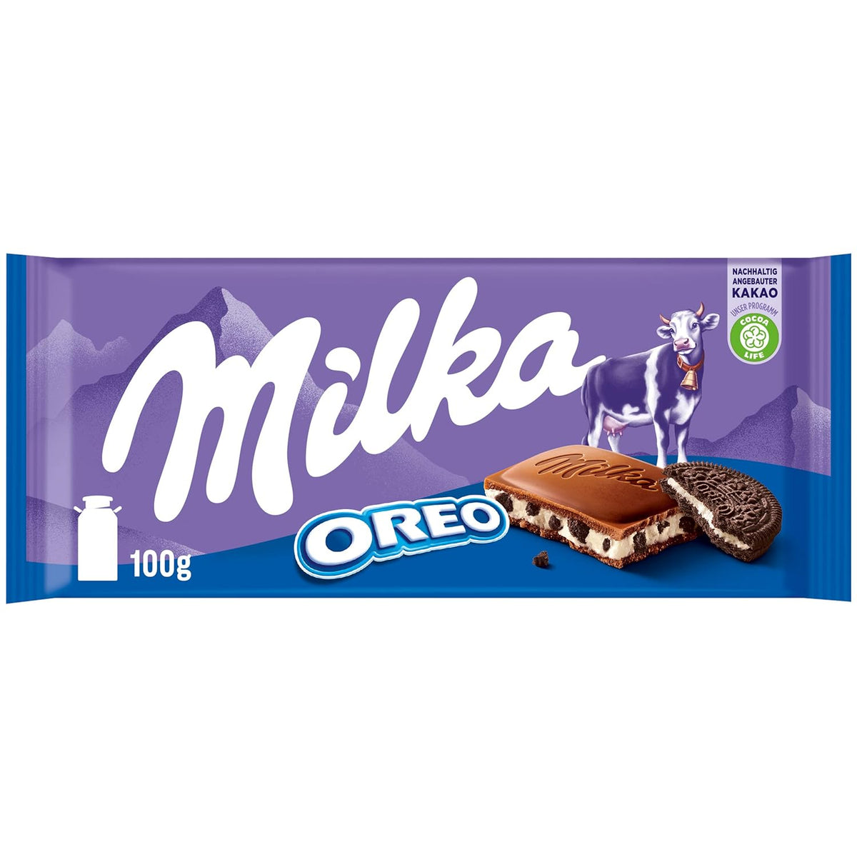 Milka Oreo – Alpejska czekolada mleczna wypełniona chrupiącymi kawałkami ciastek Oreo i gładkim kremem waniliowym – 100g