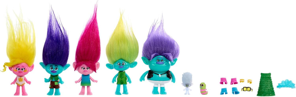 Mattel DREAMWORKS TROLLS Gemeinsam Stark – Haarige Überraschungen Poppy Königin Poppy, Viva, Branch und Guy Diamond Plüschhaar, 2 Haarige Überraschungen, Zubehör, für Kinder ab 3 Jahren, HNF10
