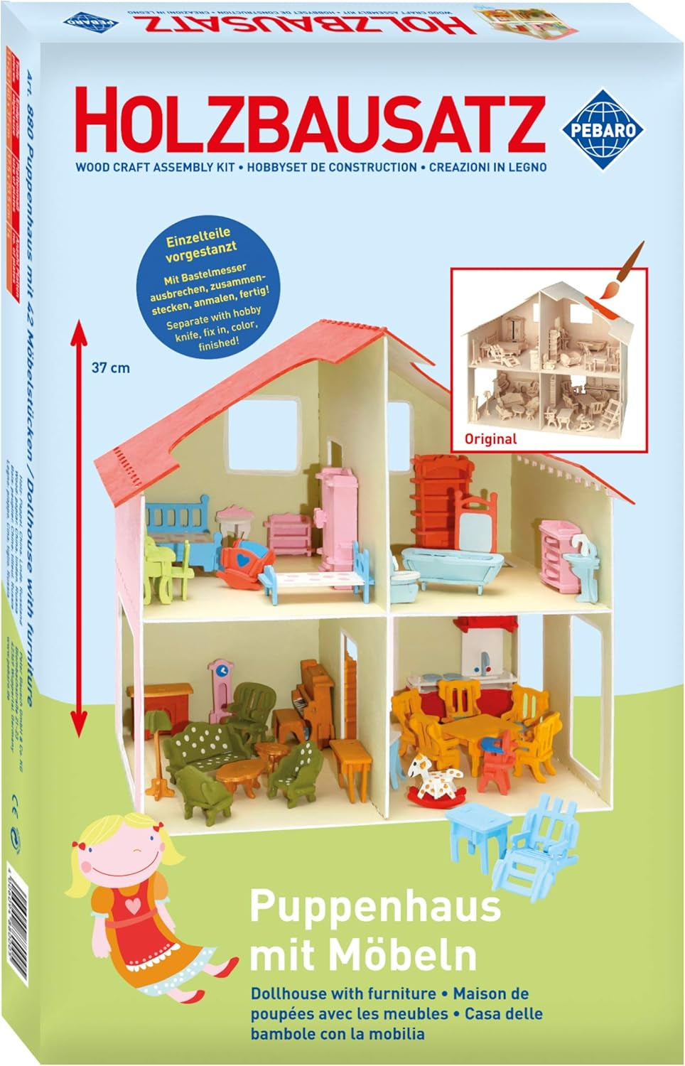 Pebaro Donau Elektronik _M880 Casă de păpuși puzzle 3D cu mobilier, 30 x 30 x 30 cm, natural