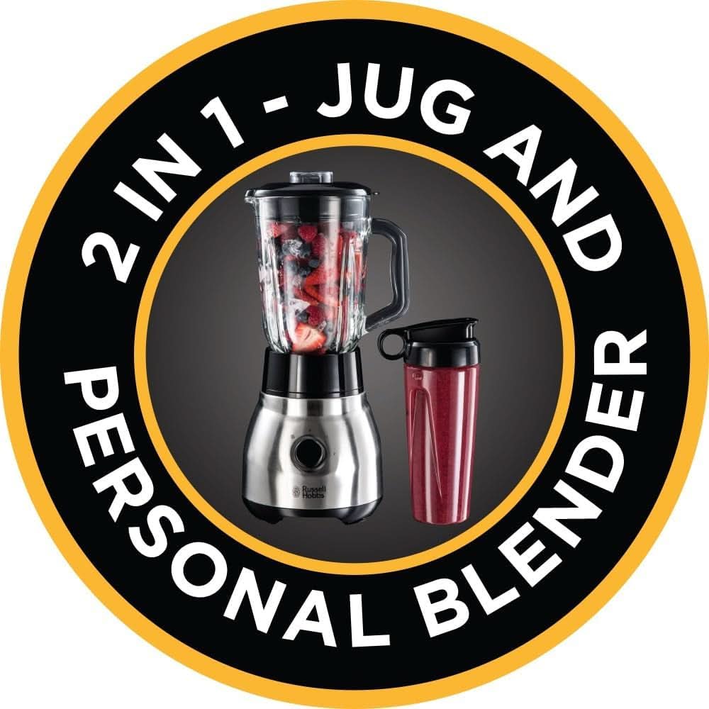Mikser stojący Russell Hobbs 2 w 1 [mikser do glazury o pojemności 1,5 l i mini-automat do smoothie o pojemności 0,6 l -Trinkflasche na wynos Inkl. Deckel] Spülmaschinenfest, Impuls-/Ice-Crush Funktion, Becher BPA Frei, Edelstahl 23821-56 Kitchen Naty Shop