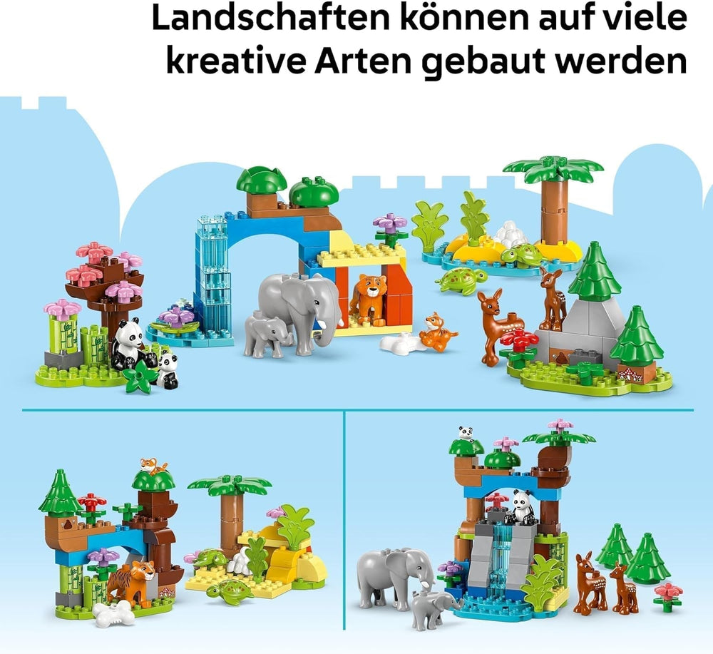 LEGO DUPLO Town Wild Animal Familys Zestaw 3 w 1, zabawka edukacyjna dla maluchów z żółwiami, tygrysami, słoniami, jeleniami i pandami, zestaw dla przedszkolaków od 2. roku życia, zabawka do budowania z figurkami zwierząt 10446 Zestawy do budowania Szukaj sklepu LEGO