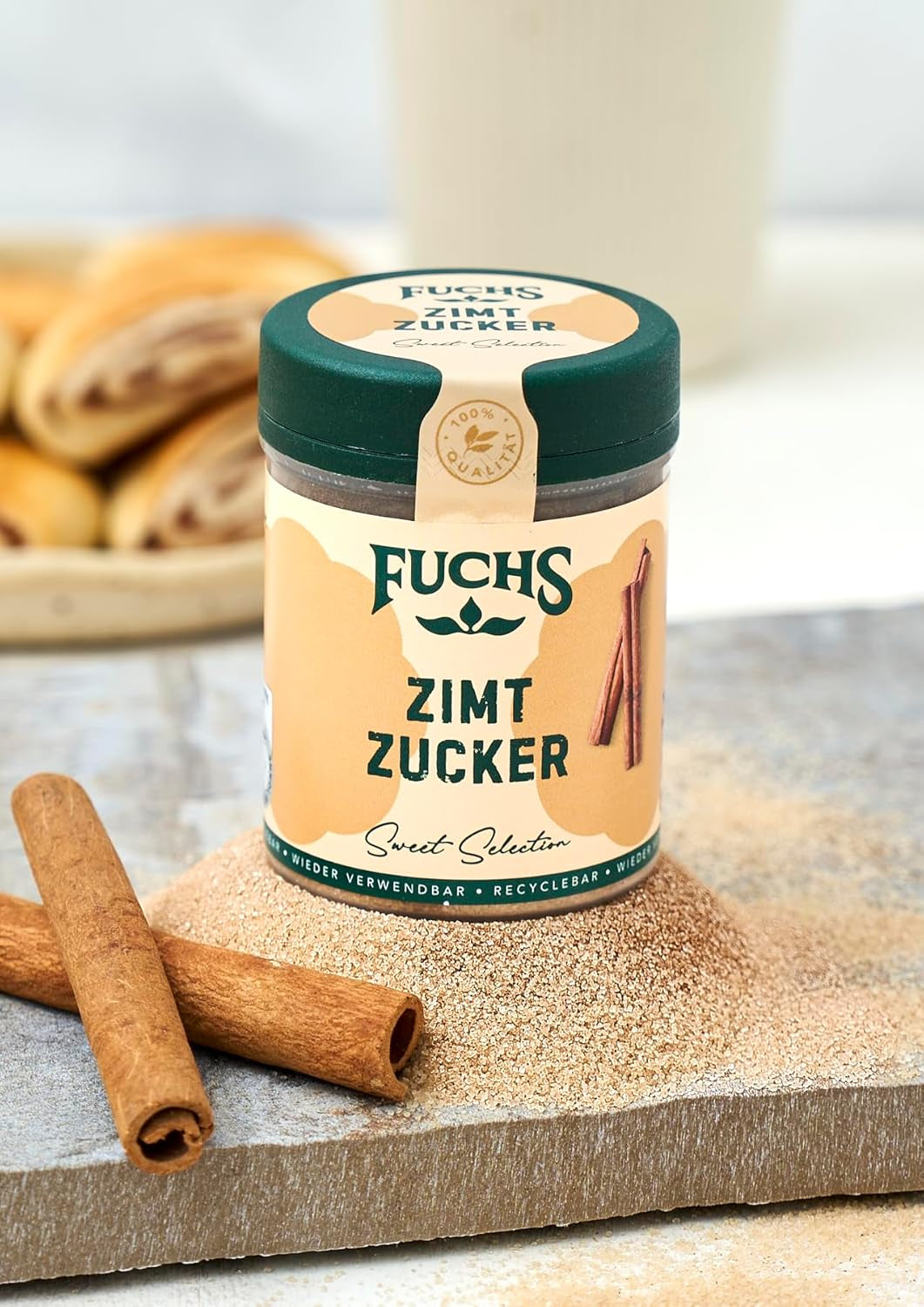 Fuchs Gewürze - Zimt Zucker - Klassisches Gewürz für Milchreis, Pfannkuchen oder Wafeln - aus natürliche Składnik - 100 g w wiederverwendbarer, recyclebarer Dawka