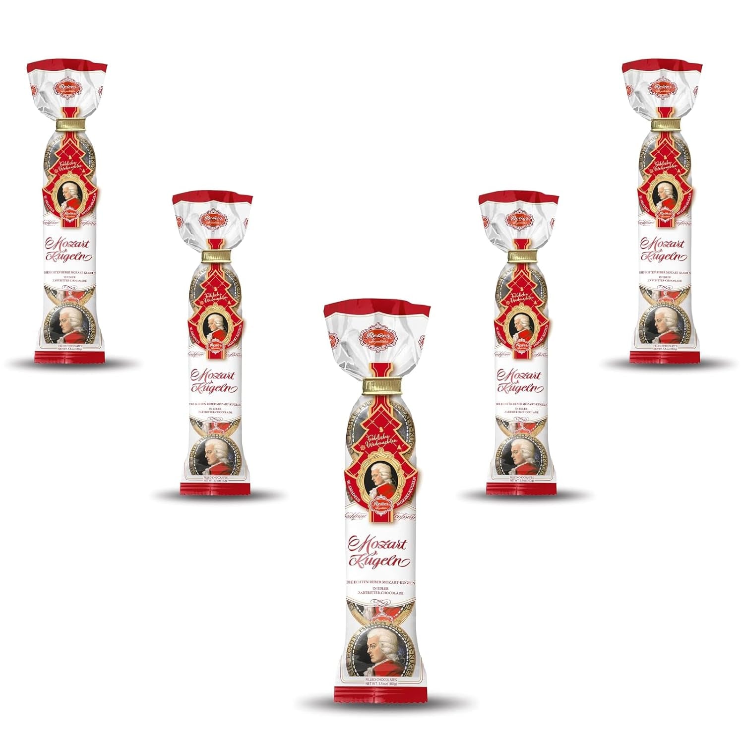 Kulki Reber Mozart - 5 torebek po 5 słodyczy w wydaniu świątecznym - Autentyczne kulki Reber Mozart, wykonane z ciemnej czekolady, marcepanu i nugatu