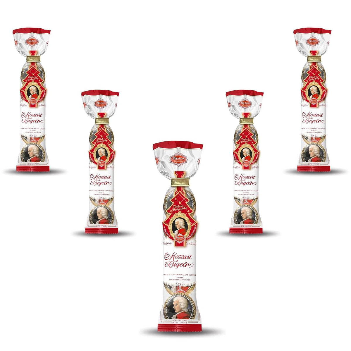 Kulki Reber Mozart - 5 torebek po 5 słodyczy w wydaniu świątecznym - Autentyczne kulki Reber Mozart, wykonane z ciemnej czekolady, marcepanu i nugatu