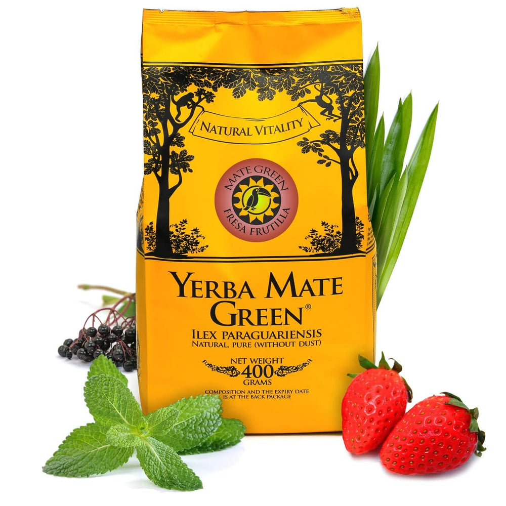 Yerba  „Fresa Frutilla” 400 g | Ceai argentinian de mate cu fructe de căpșuni, mentă, lemongrass și fructe de soc | Ingrediente naturale | Frunze verzi de mate | 50 g El Pajaro