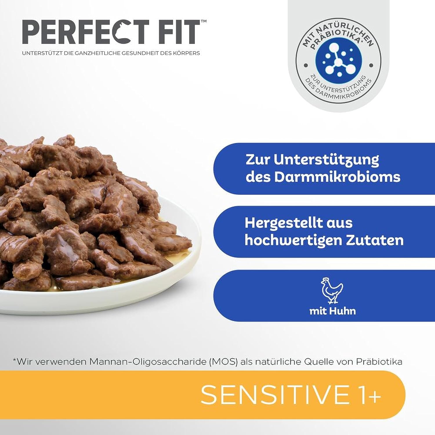 Hrană umedă pentru pisici Perfect Fit Sensitive 1+ cu pui în sos, 12 pliculețe, 12 x 85g – Hrană umedă premium pentru pisici sensibile de la 1 an, fără grâu și soia, pentru a susține digestia