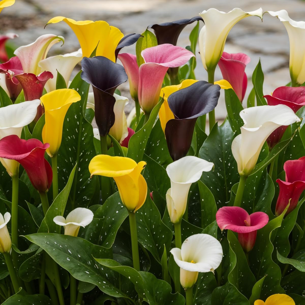 Calla Lilien Zwiebeln Winterhart Mehrjährig - Zantedeschia - 10 große Blumenzwiebeln, 5 Sorten Mix - Echte Pflanzen aus Holland - für Garten und Topf (große Knollen, kein Samen und nicht künstlich)