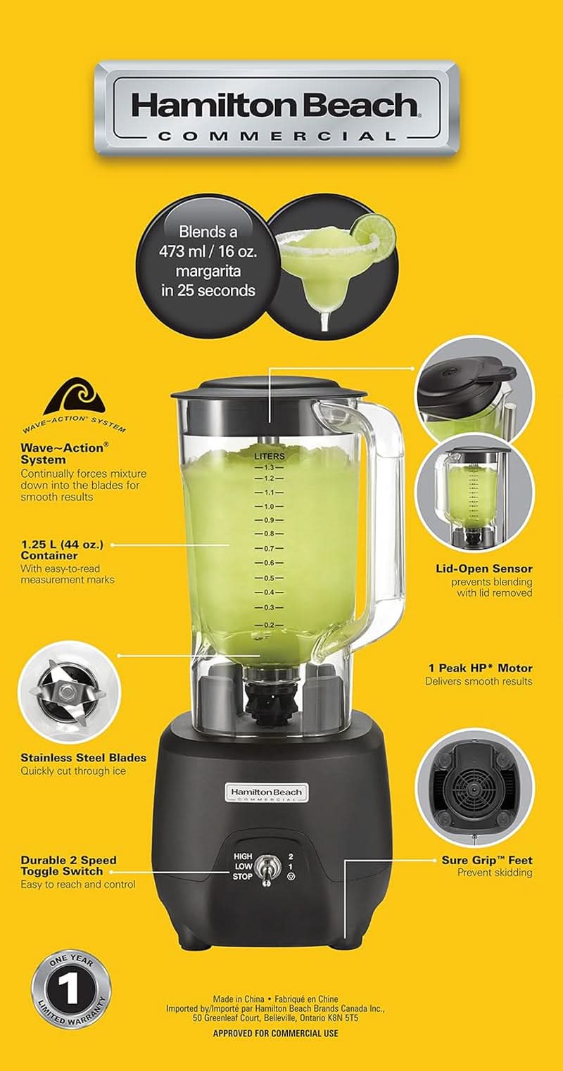Blender barowy Hamilton Beach Commercial® 908®R, HBB908R-CE, 1 HP, pojemnik z poliwęglanu 1,3 l, 2 prędkości, 220-240 V, czarna kuchnia Naty Shop