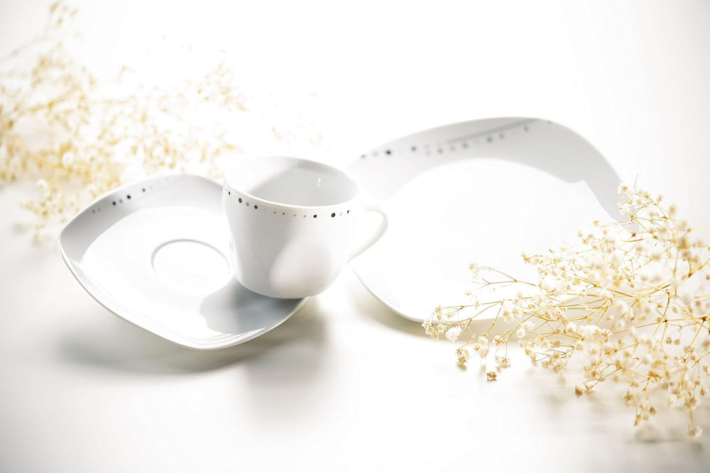 Mäser, seria Fadilla, set de veselă combinat cu 42 de piese, set de veselă din porțelan pentru 6 persoane, alb, negru, gri