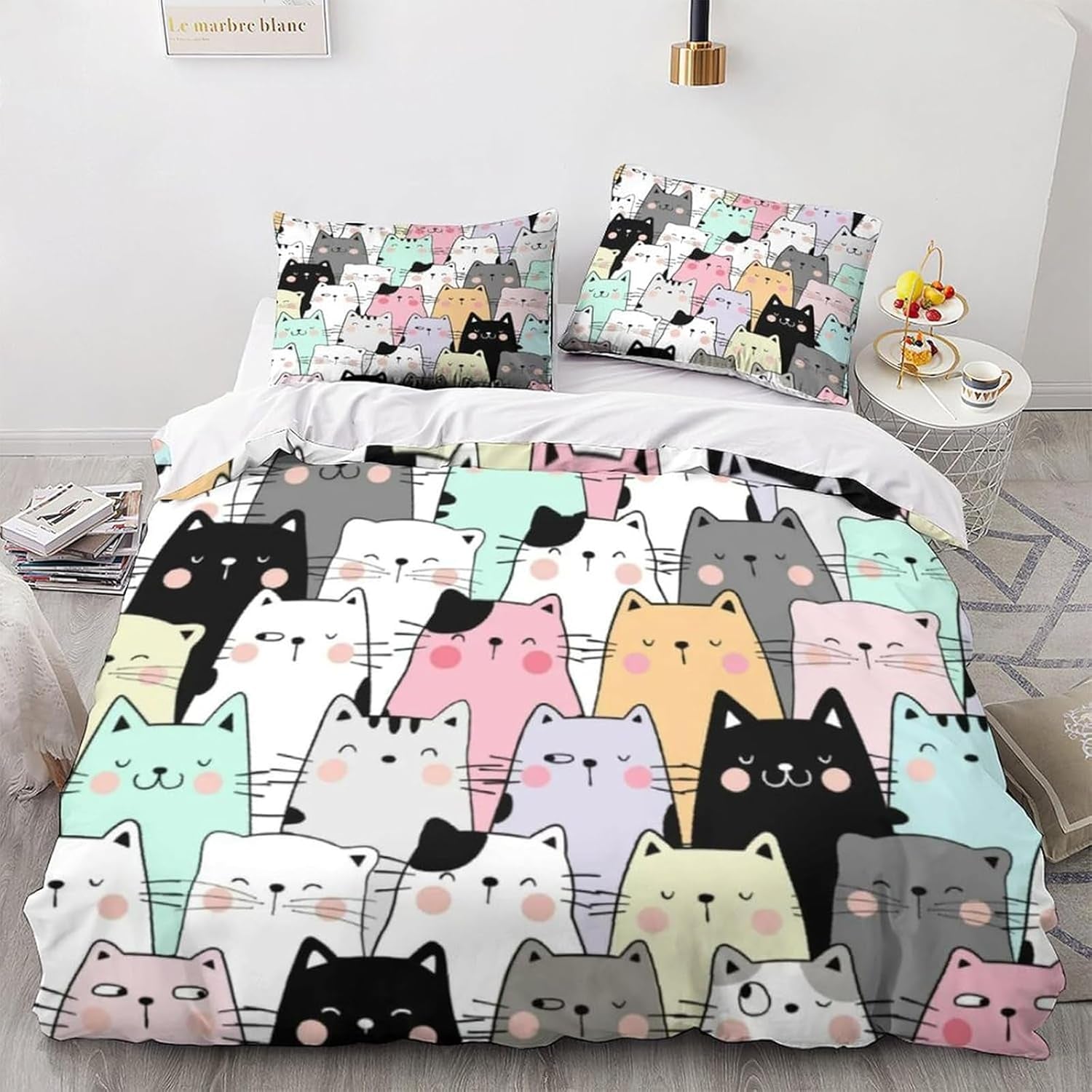 Dziecięce Mädchen Cute Katze Kitty Katzenmotif Bettwäsche Kinder Katzenbettwäsche Kinderbettwäsche Łóżko Poszwa na kołdrę Zestaw pościeli 135 × 200 cm