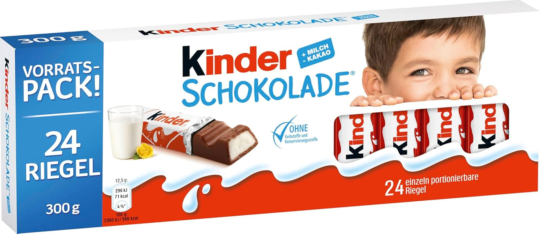 Kinder Chocolate - Nadziewane batoniki mlecznej czekolady - 1 opakowanie zawierające 24 pojedyncze batoniki (24 x 12,5 g).