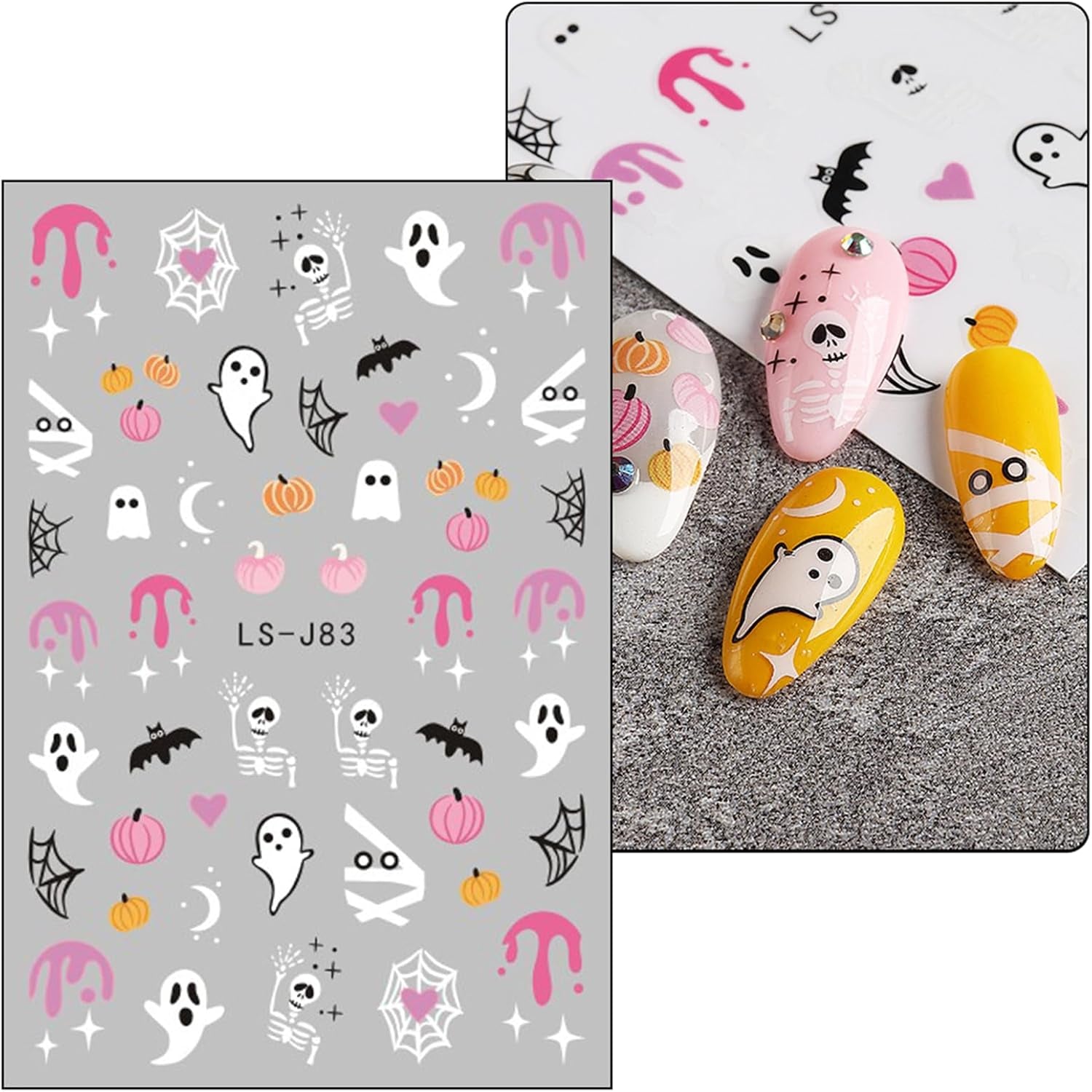 JMEOWIO Nagelsticker Halloween Süßer Geisterkürbis 9 Blatt Nail Art Sticker Selbstklebend Nagelaufkleber Dekoration Nageldesign Zubehör