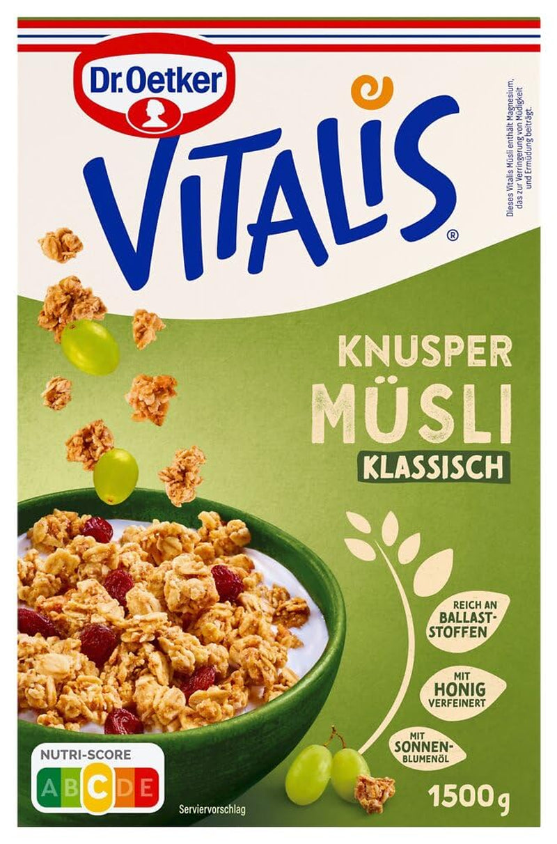 Dr. Oetker Vitalis Classic Crispy Muesli: Duże opakowanie chrupiącego musli śniadaniowego z rodzynkami, 1 opakowanie, 1,5 kg