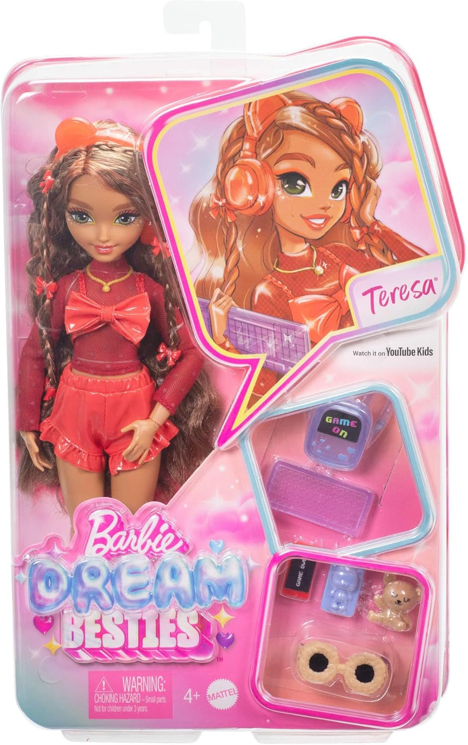 Lalka Barbie Dream Besties i akcesoria, ruchoma lalka Teresa Fashion z brązowymi włosami i spinkami do włosów, 10 elementów z motywem gry wideo, lalki HYC23 Naty Shop