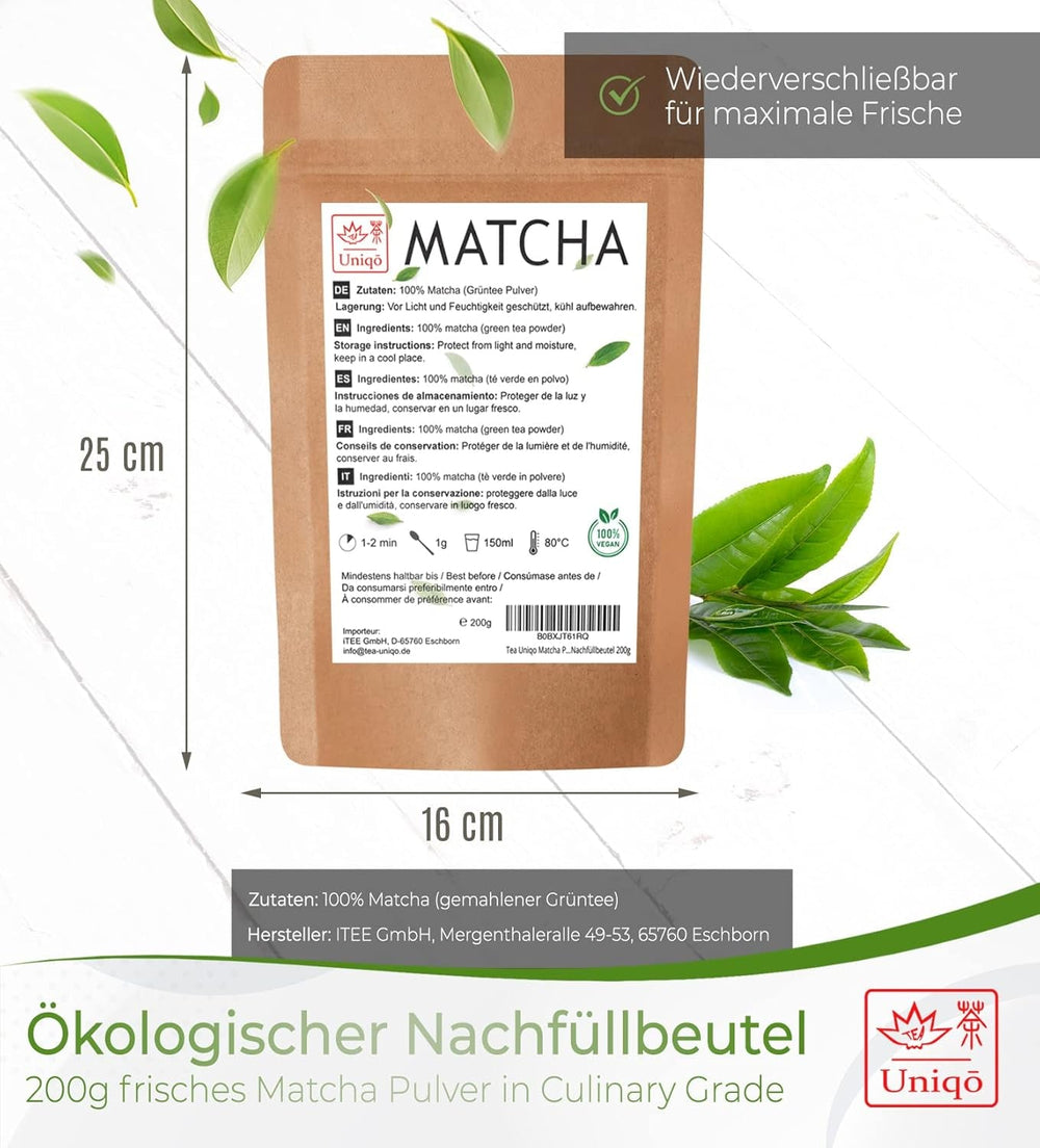 Ceai Uniqo Matcha pudră 200 g în ambalaj ecologic reîncărcabil