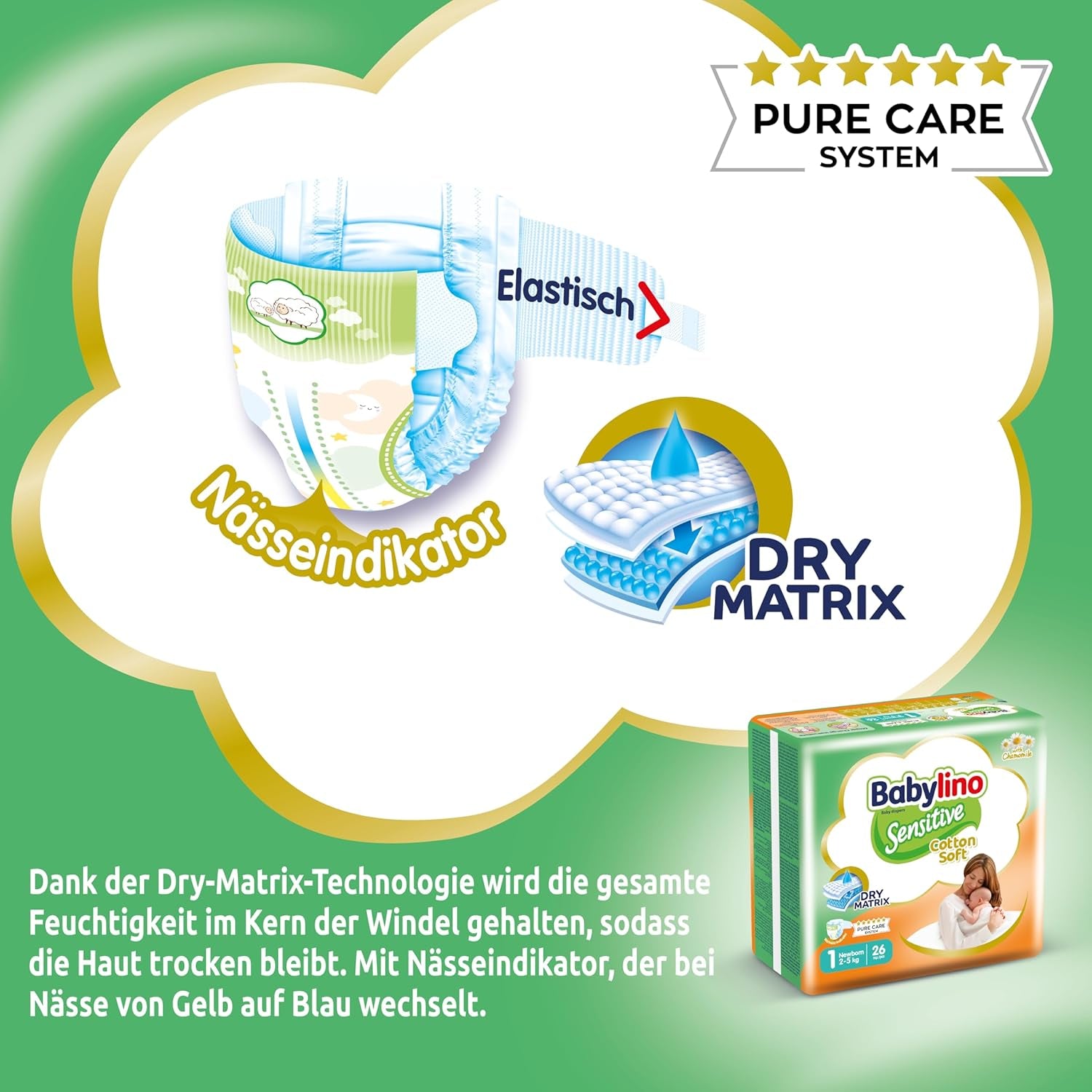 Wrażliwe pieluszki dziecięce, rozmiar 1, dla noworodków (2-5 kg), 26 sztuk