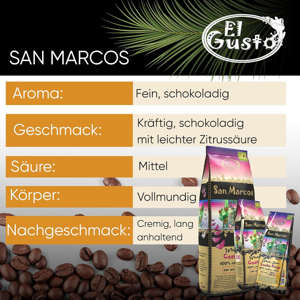 El Gusto San Marcos Spezialitätenkaffee | Ganzen Bohnen Mittlere Röstung | Gourmetkaffee mit Schokoladenaroma mit leichter Zitrussäure | 100% Arabica Kaffee aus Costa Rica | Specialty Coffee | 250 g