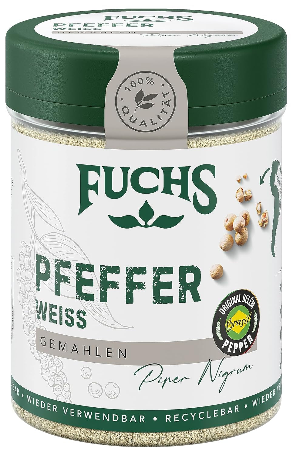 Fuchs Gewürze - Pfeffer weiß gemahlen - Pfeffer aus dem Amazonasgebiet, für helle Saucen, Fisch oder Suppen - naturalne Składniki - 60 g w wiederverwendbarer, recyclebarer Dawka