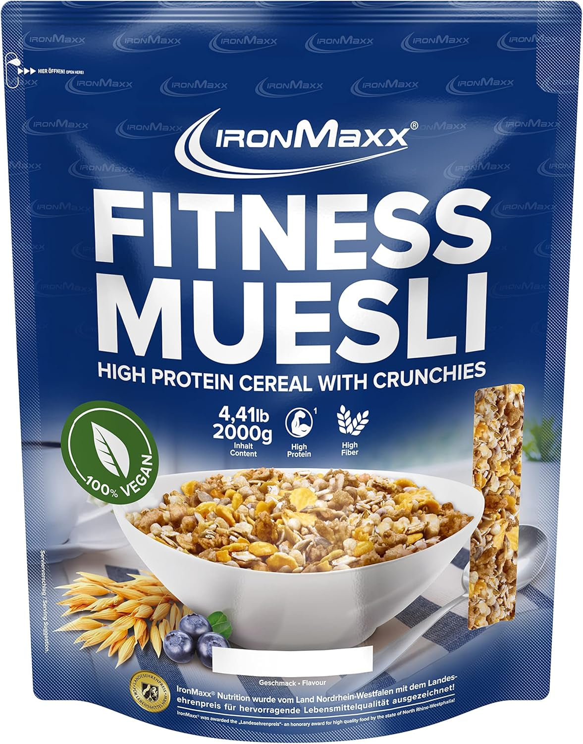 IronMaxx Fitness Musli - ciasteczka i krem, worek 2 kg | Bogate w białko wegańskie musli o chrupiącej zawartości | Niska zawartość cukru i wysoka zawartość błonnika