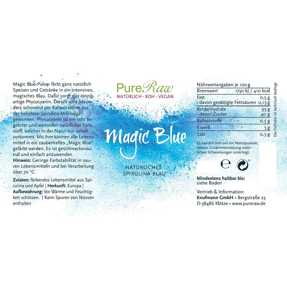 Colorant alimentar natural albastru pudră Magic Blue Spirulina (vegan crud) Albastru închis până la albastru deschis pastel - Colorant alimentar pudră cu alge ficocianină - Colorant alimentar natural | Pureraw 5G