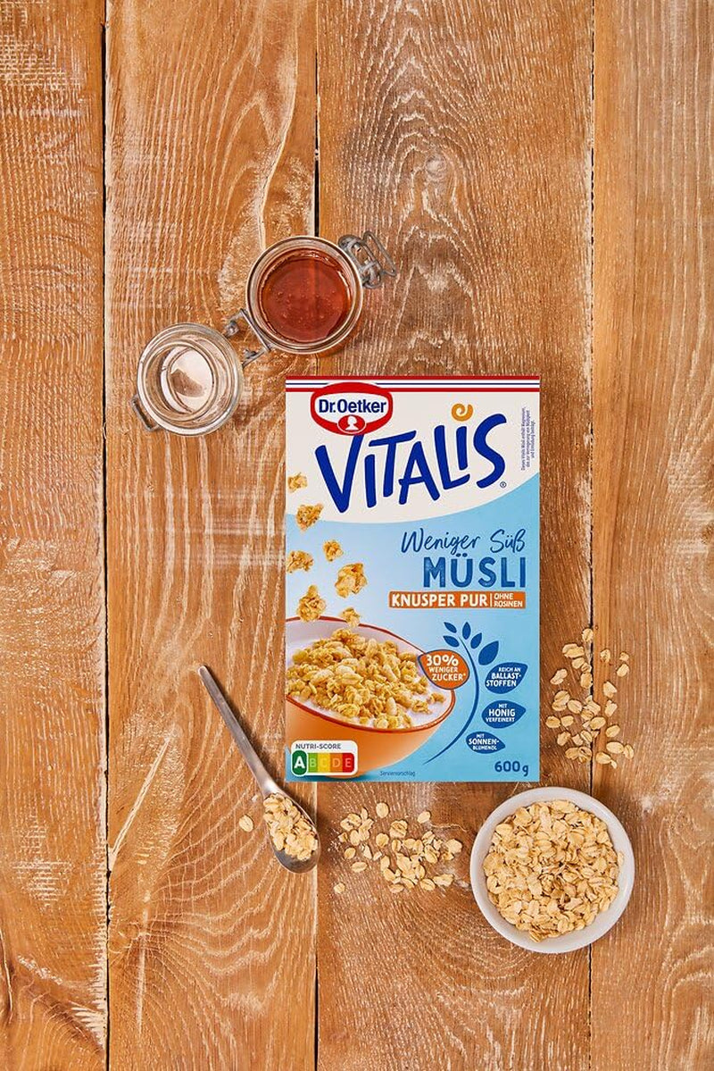Dr. Oetker Vitalis Less Sweet Crunchy Pure: Chrupiące musli z 30% mniejszą ilością cukru, opakowanie 5 sztuk (5 x 600g)