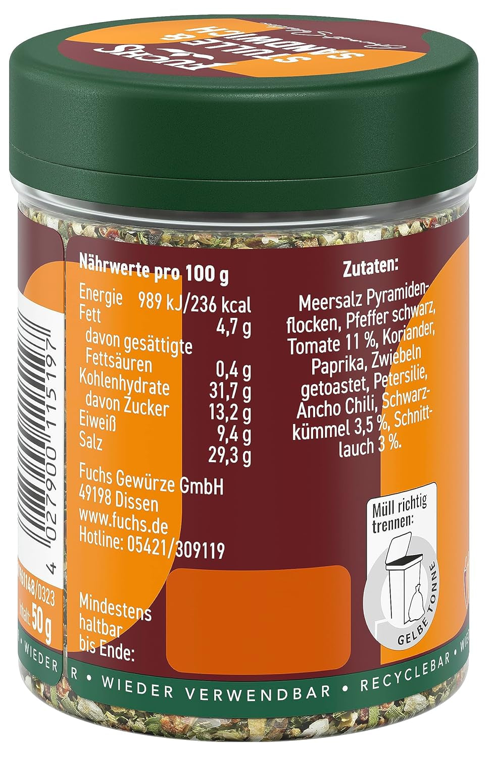 Fuchs Gewürze - Stulle und Sandwich Gewürz - chrupiący Butterbrot Topping mit Pyramidenflocken und getoasteten Zwiebeln - aus natürliche Składnik - 50 g in wiederverwendbarer, recyclebarer Dawka
