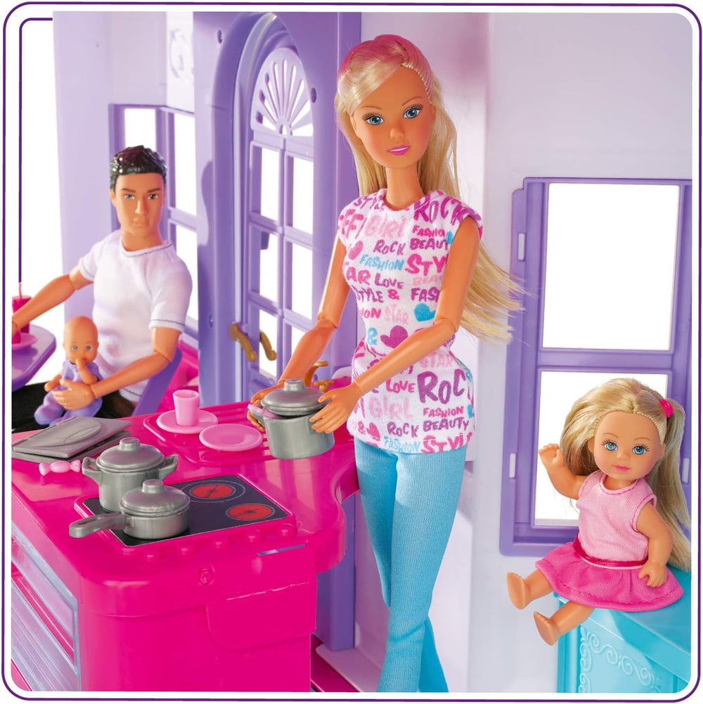Simba 104661996 - Steffi Love Dreamhouse, duży domek do zabawy, 4 pokoje, BEZ LALEK, wysokość 84 cm, dwa poziomy, funkcjonalny dzwonek, składane domki dla lalek Naty Shop
