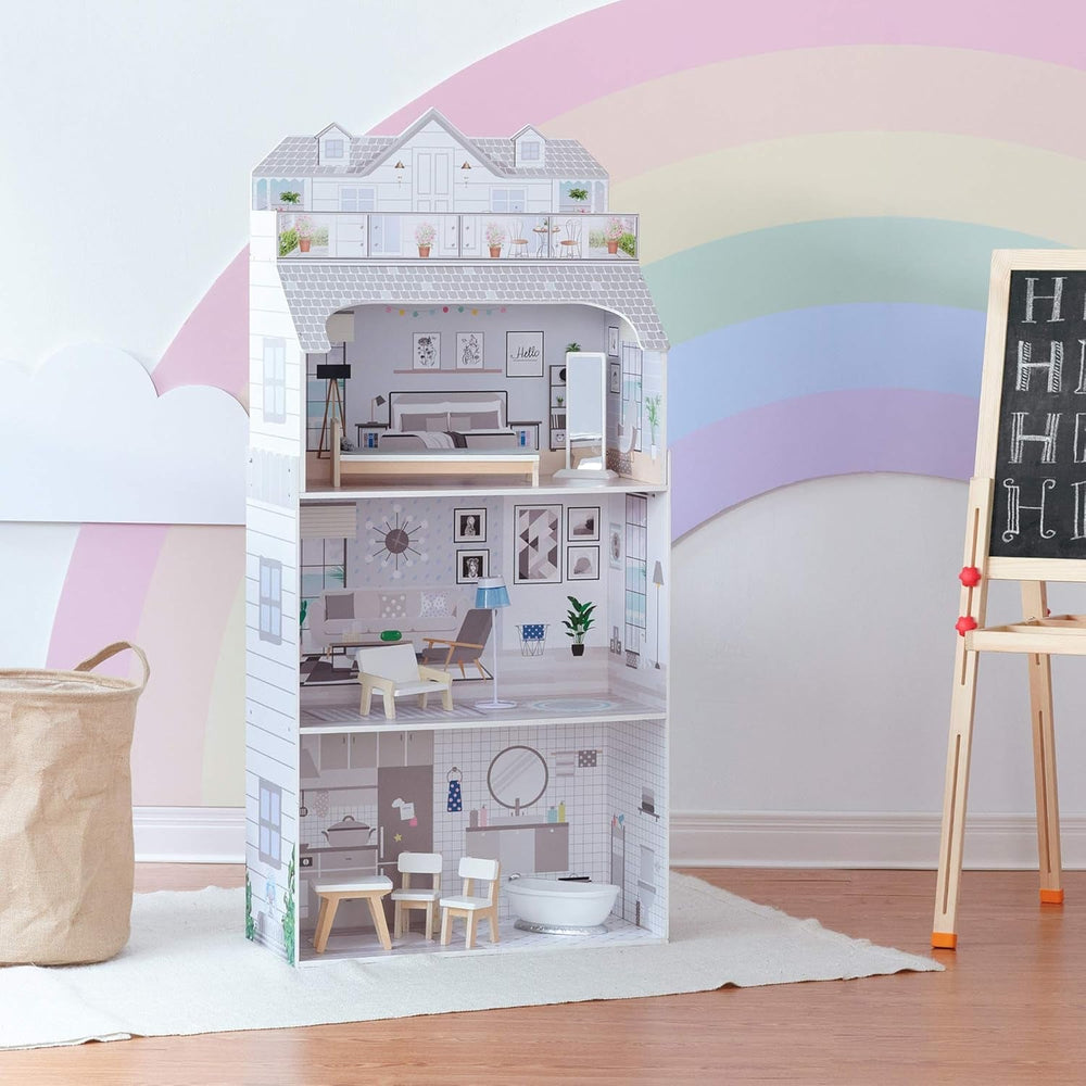 Teamson Kids Casa de păpuși gigantică Olivia's Little World cu mobilier și accesorii, casă de păpuși din lemn, joc cu 3 etaje pentru păpuși de 30 cm, vârste 3+