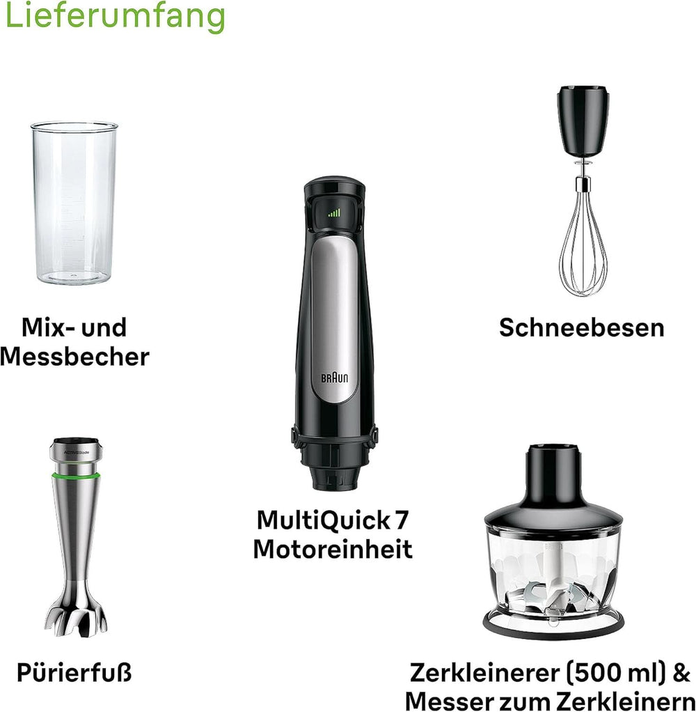 Braun Multiquick 7 MQ 7035X Stabmixer - Pürierstab Mit Abnehmbarem Edelstahl Mixfuß Mit Activeblade Technologie Zum Pürieren Der Härtesten Ingredient, Inkl. Zestaw 3-Teiliges Zubehör, 1000 W, Schwarz Kitchen Naty Shop