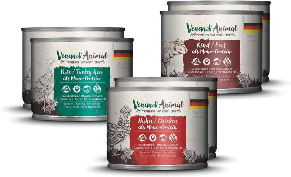 Venandi Animal - Premium Nassfutter für Katzen, Probierpakett I, Huhn, Pute, RInd, 6 x 200 g (6er Pack), getreidefrei und naturbelassen