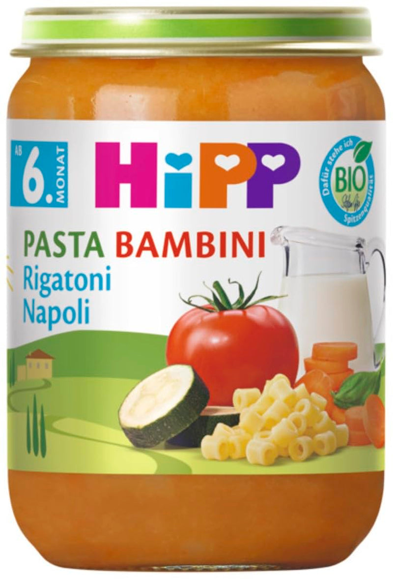HiPP Pasta Bambini Rigatoni Napoli Organice (6 x 190g), mączka od 6 miesiąca życia, bez dodatku soli, z Omega-3, najwyższej jakości organicznej
